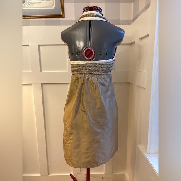 Vintage Cynthia Rowley Silk Tan and White Halter Dress Size 0 - Picture 5 of 6